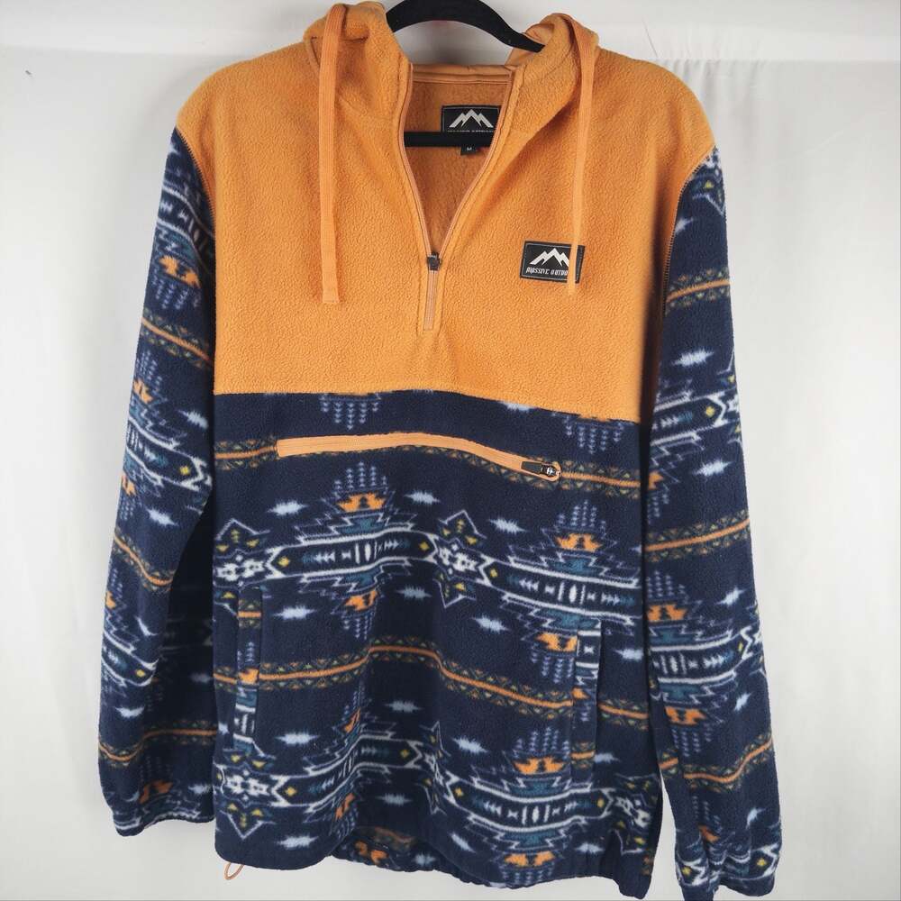 Massive Outdoor Mens Orange Blue Aztec Print Fleece Popover Hoodie Jacket M